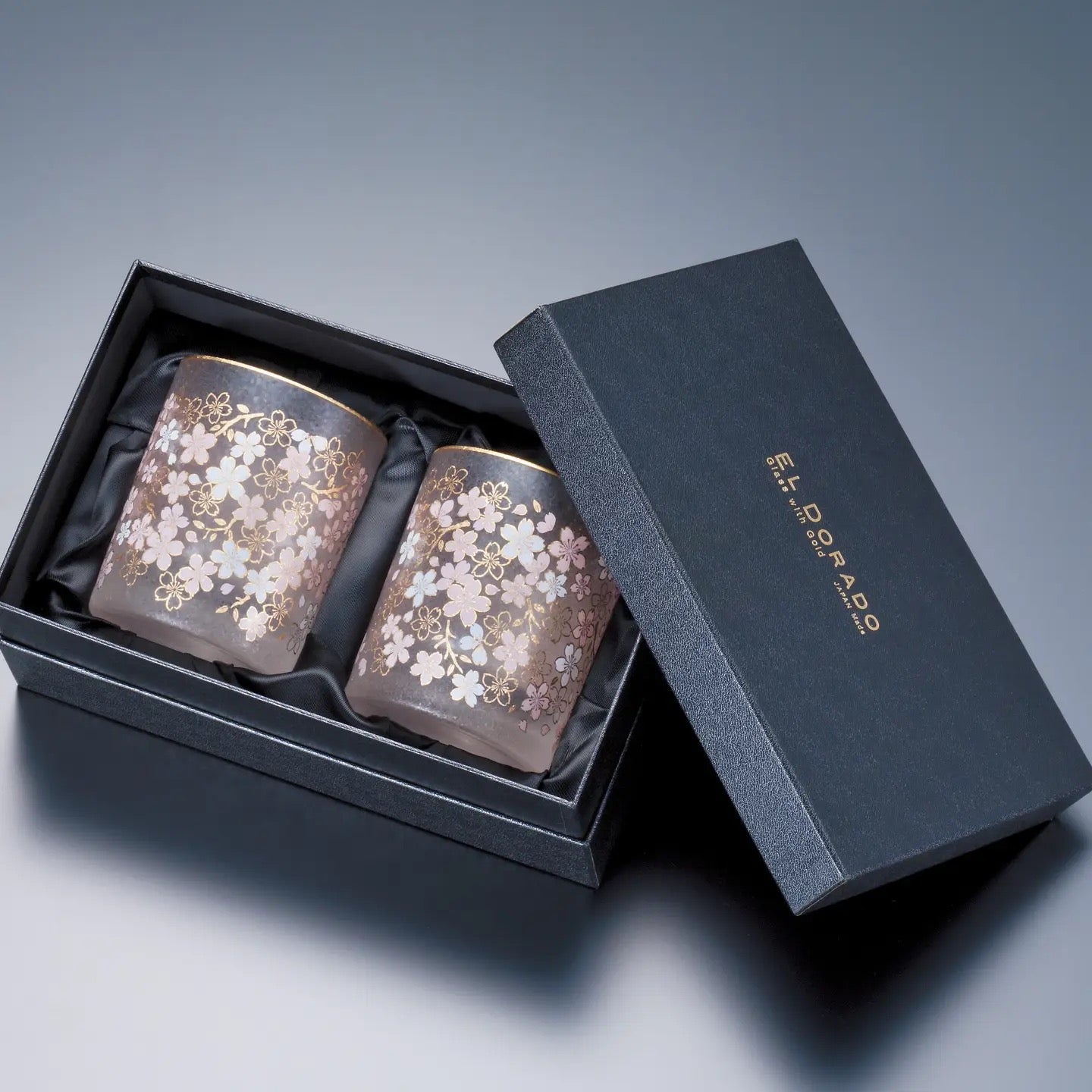 Aderia, Pair of frosted glass cups with cherry blossom pattern with black gift box