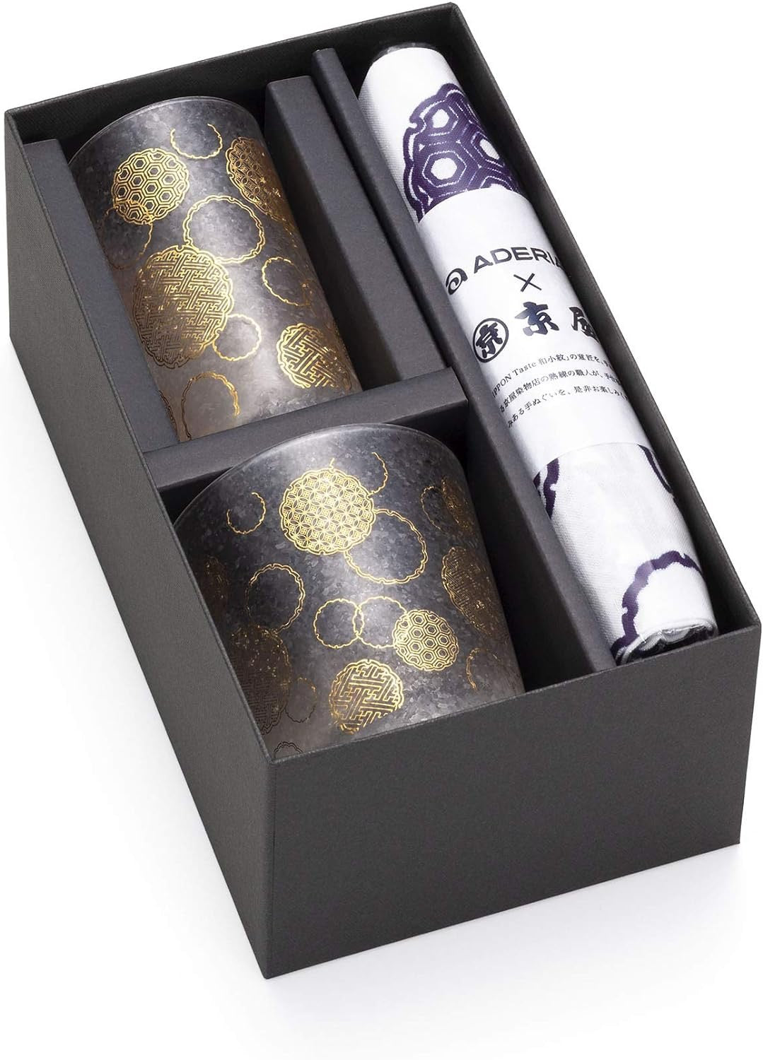 Aderia, A pair of snow ring-patterned cups and a piece of blue and white snow ring-patterned cloth in a black gift box